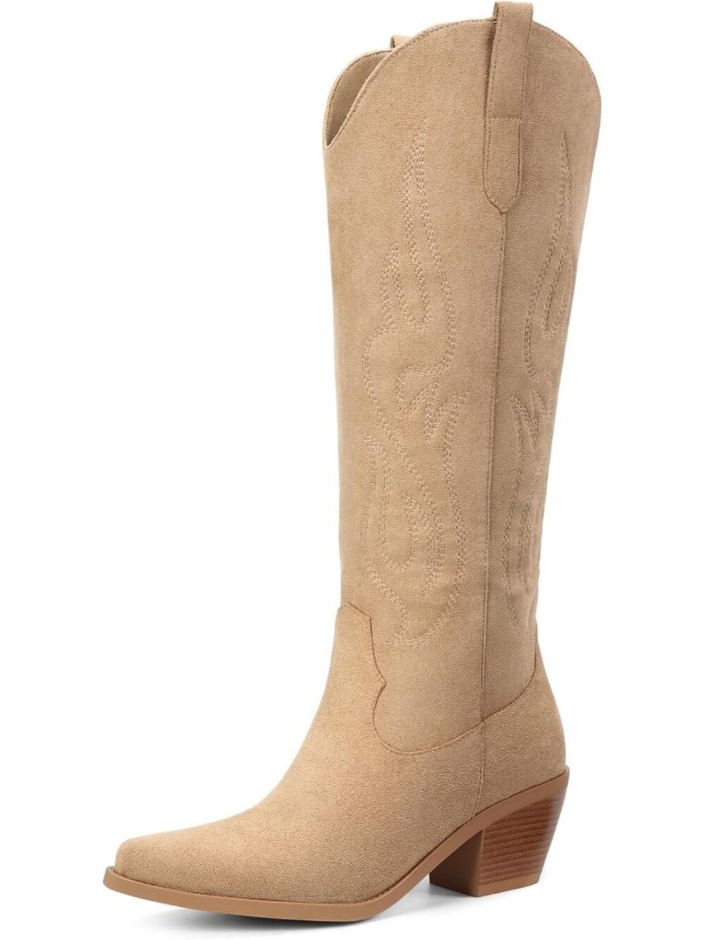 Women's Matte Light Brown Western Pointed Toe Chunky Knee High Wide Calf Boot